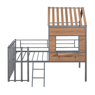 Metal Twin size Loft Bed with Roof; Window; Guardrail; Ladder Silver