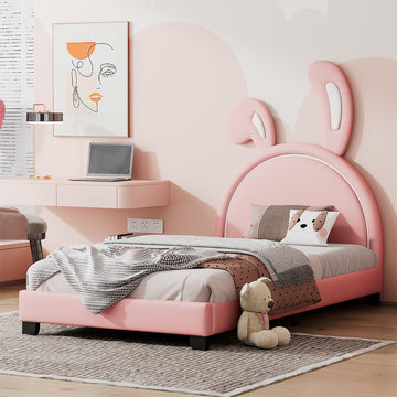Twin Size Upholstered Leather Platform Bed with Rabbit Ornament, Pink