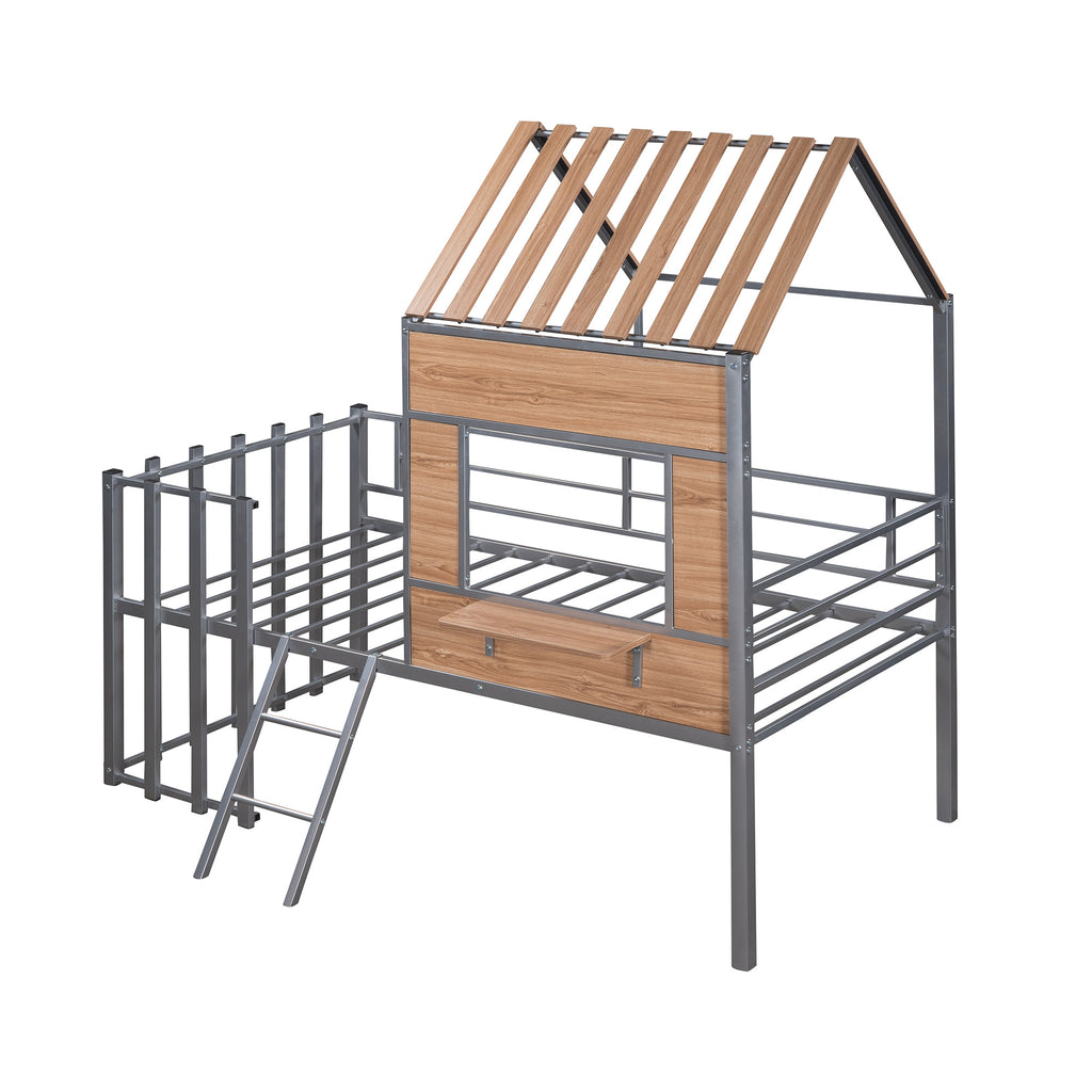 Metal Twin size Loft Bed with Roof; Window; Guardrail; Ladder Silver