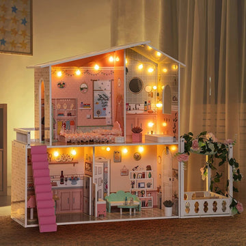 ROBOTIME Wooden Dollhouse Spring Garden Dreamhouse for Kids Toddler with Light