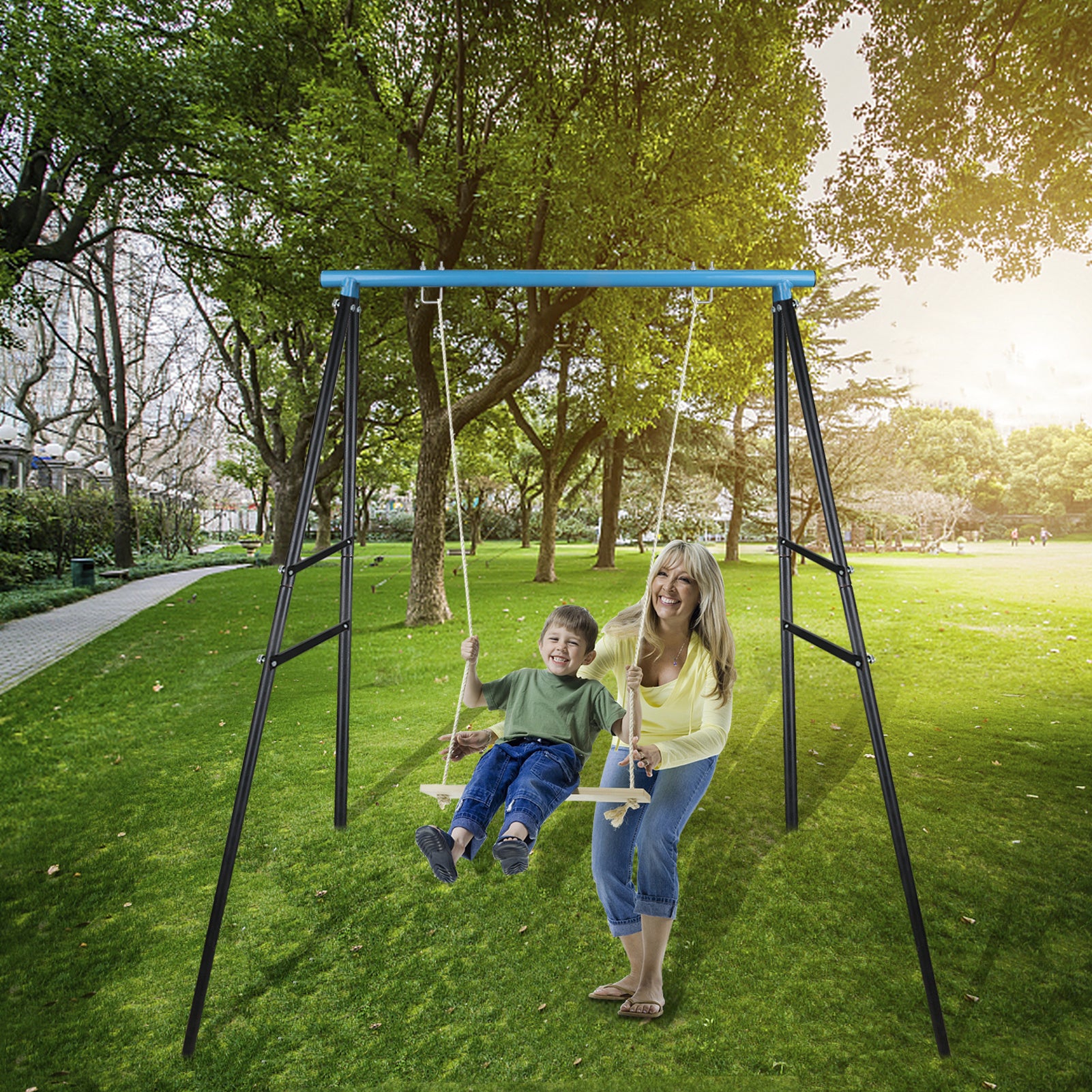 Swing Frame, A-Frame Swing Stand with Ground Nail, Heavy Duty Metal Swing Frame, Fits for Most Swings & Yoga Swing, Anti-Rust and Good Stability