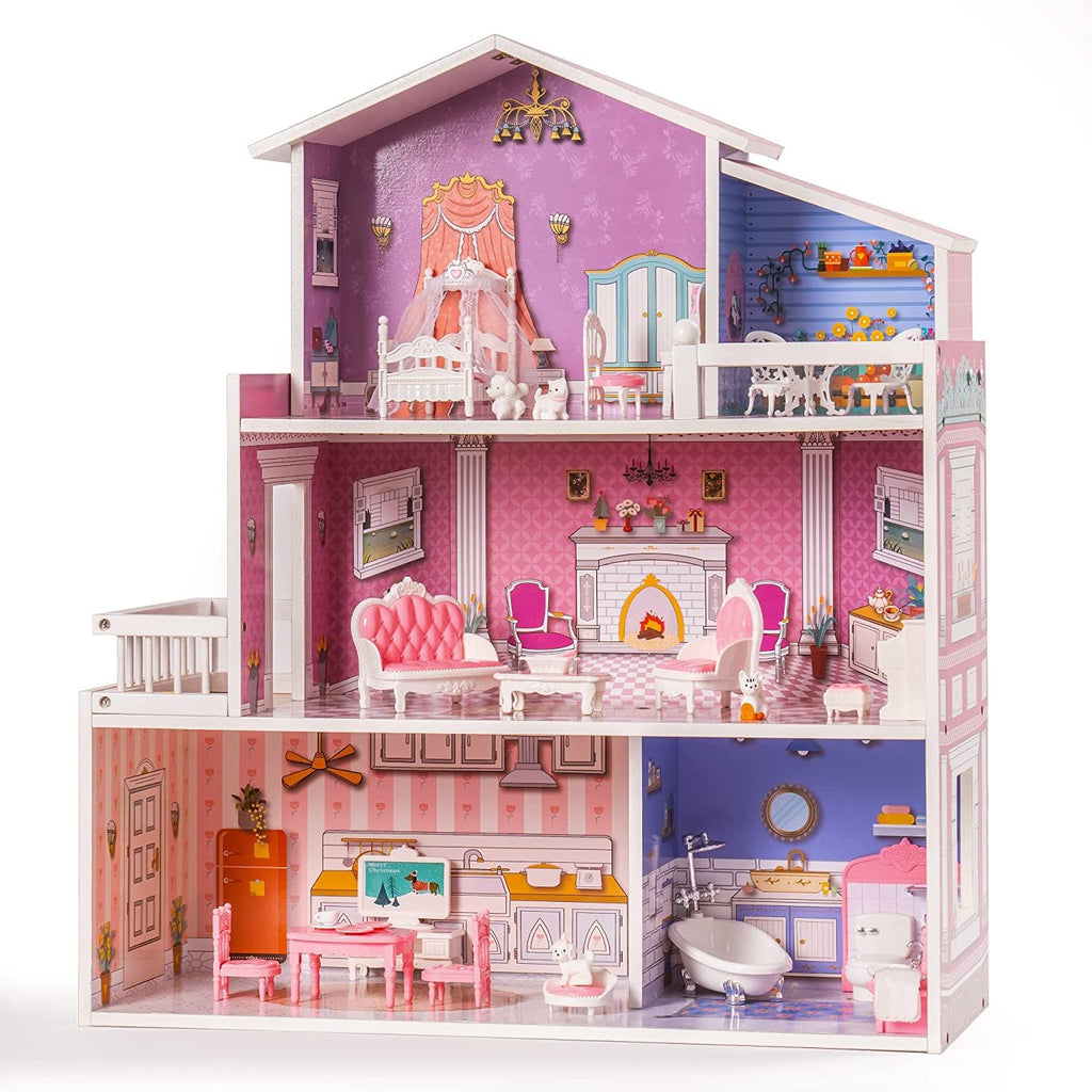 Robud Victoria Wooden Dollhouse for Kids with 24pcs Furniture Preschool Toy