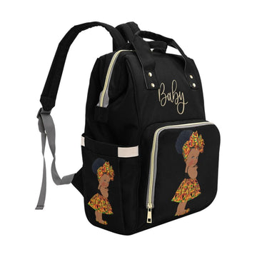 Designer Diaper Bag - Ethnic African American Baby Girl - Waterproof Black Multi-Function Backpack