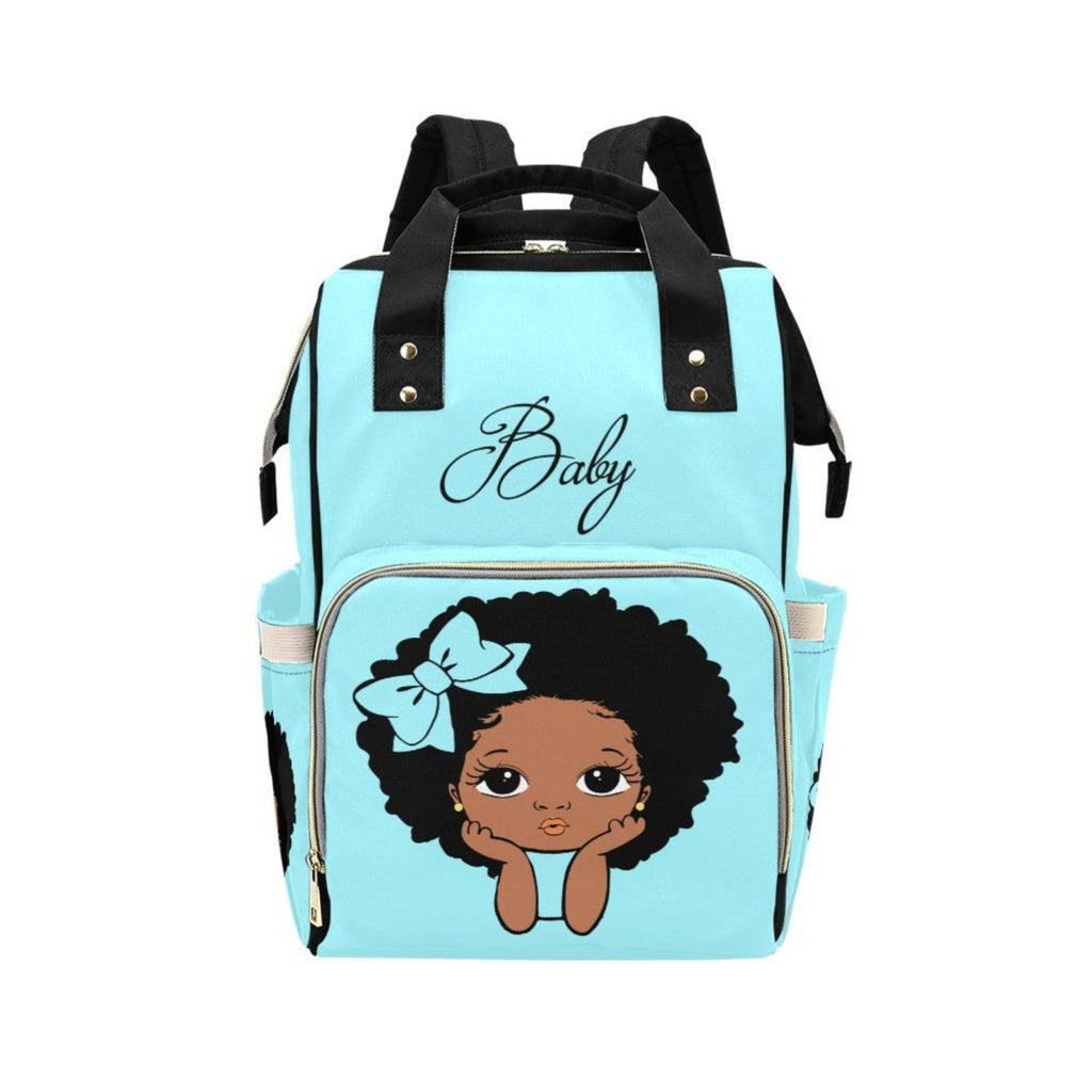 Personalize Optional - Designer Diaper Bags - African American Baby Girl Natural Curls And Electric Blue Bow - Waterproof Multi-Function Backpack