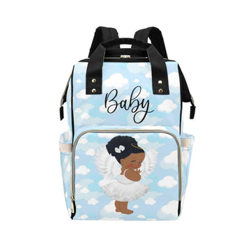 Designer Diaper Bag - African American Baby Girl Angel - Cloudy Sky Black Handles Multi-Function Backpack