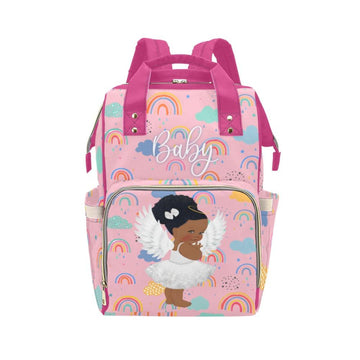 Designer Diaper Bag - African American Baby Girl Angel - Powder Pink And Hot Pink Multi-Function Backpack