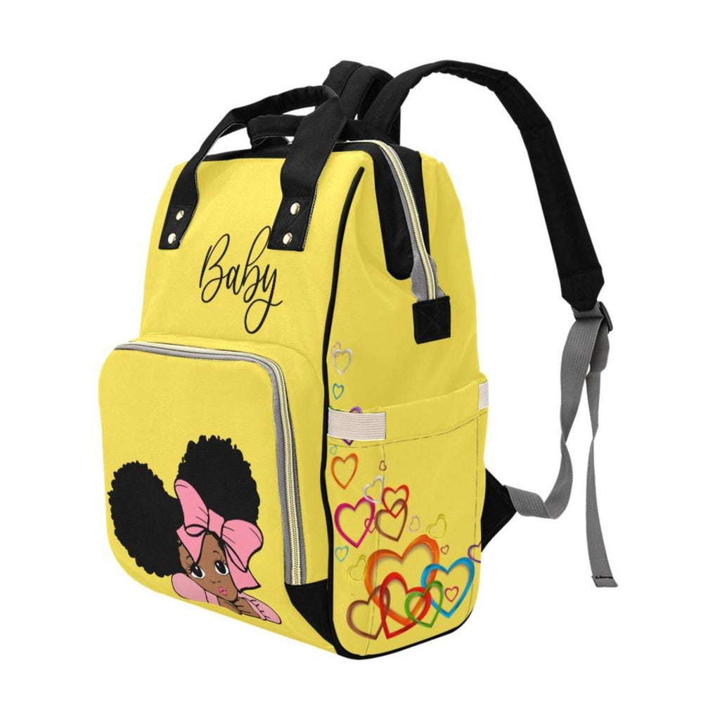 Designer Diaper Bags - African American Baby Girl With Afro Pigtails Yellow - Waterproof Multi-Function Backpack
