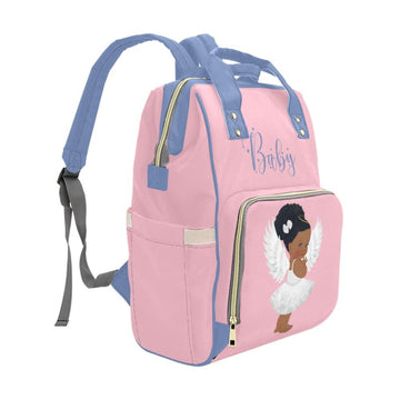 Designer Diaper Bag - African American Baby Girl Angel - Powder Pink And Blue Multi-Function Backpack
