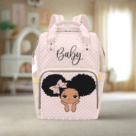 Designer Diaper Bag African American Baby Girl With Bow and Polka Dots