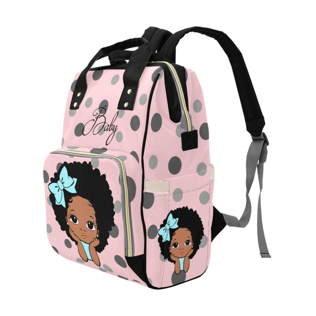 Designer Diaper Bags - African American Baby Girl Baby Pink Polka Dots Blue Bow And Natural Curls Multi-Function Backpack