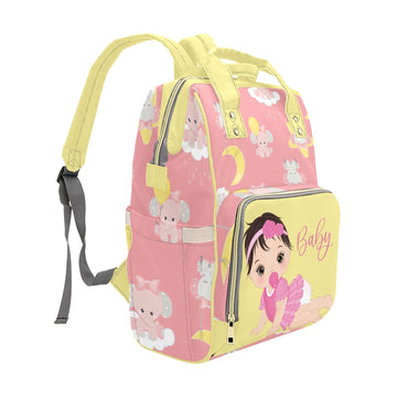 Custom Diaper Bag - Backpack Diaper Bag - Cute Brunette Baby Girl In Pink - Yellow Diaper Bag