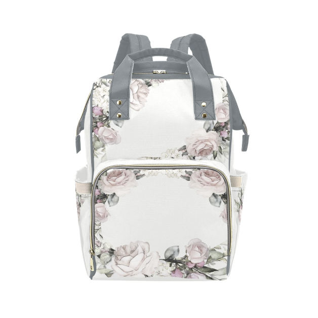 Personalized Faded Vintage Roses With Green Straps, Waterproof Diaper Bag Backpack