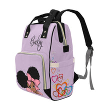 Load image into Gallery viewer, Designer Diaper Bag - African American Baby Girl With Afro Pigtails Lilac Multi-Function Backpack